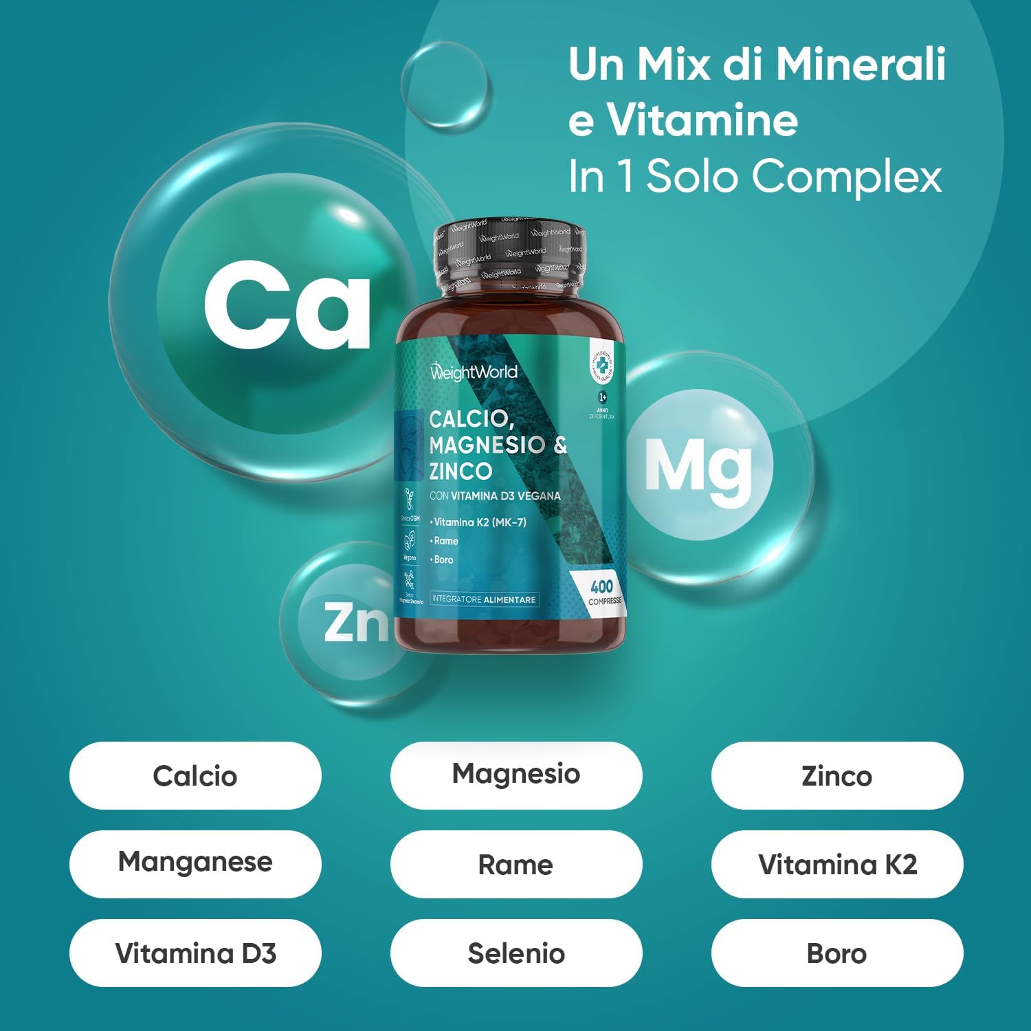 Detalle 2 de WeightWorld Calcio Zinco Integratore 400 comp. 💊