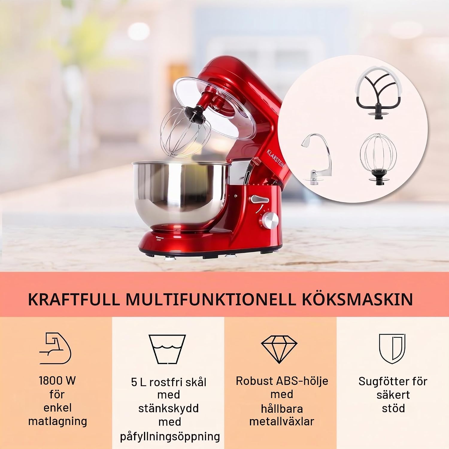 Detalle de Klarstein Bella TK2-Mix8-R köksmaskin med 6 hastigheter och pulsfunktion