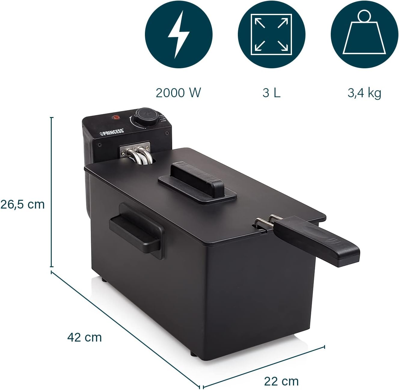 Detalle de Princess Friteuse 182727 – 4 portions, 3 L, 2000 W, Acier inoxydable noir