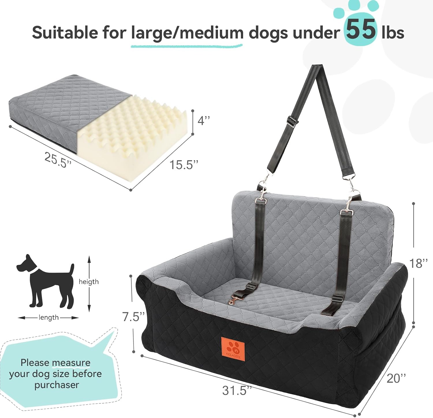 Detalle de GL GLENSLAVE Dog Car Seat for Large/Medium Dogs up to 55 lbs – Soft Memory Foam Booster with Removable Cover