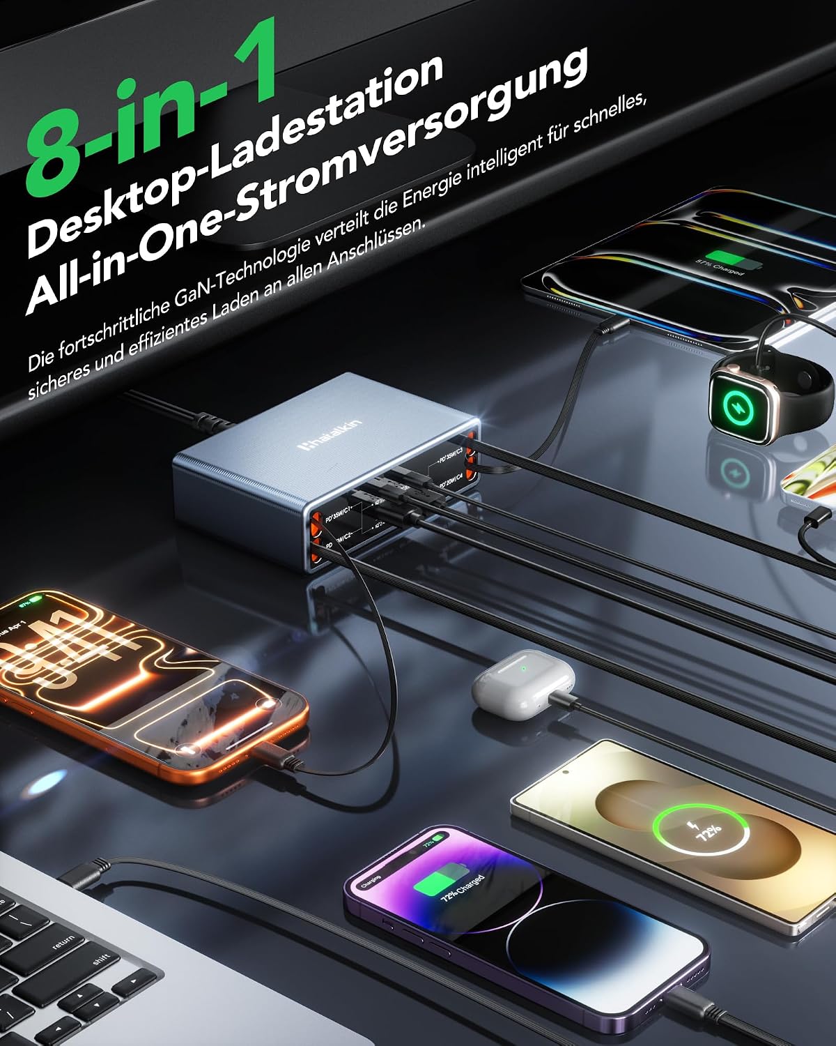 Detalle de 8-in-1 Retractable USB-C Ladegerät mit 105W – GaN Ladestation mit 4 einziehbaren Kabeln