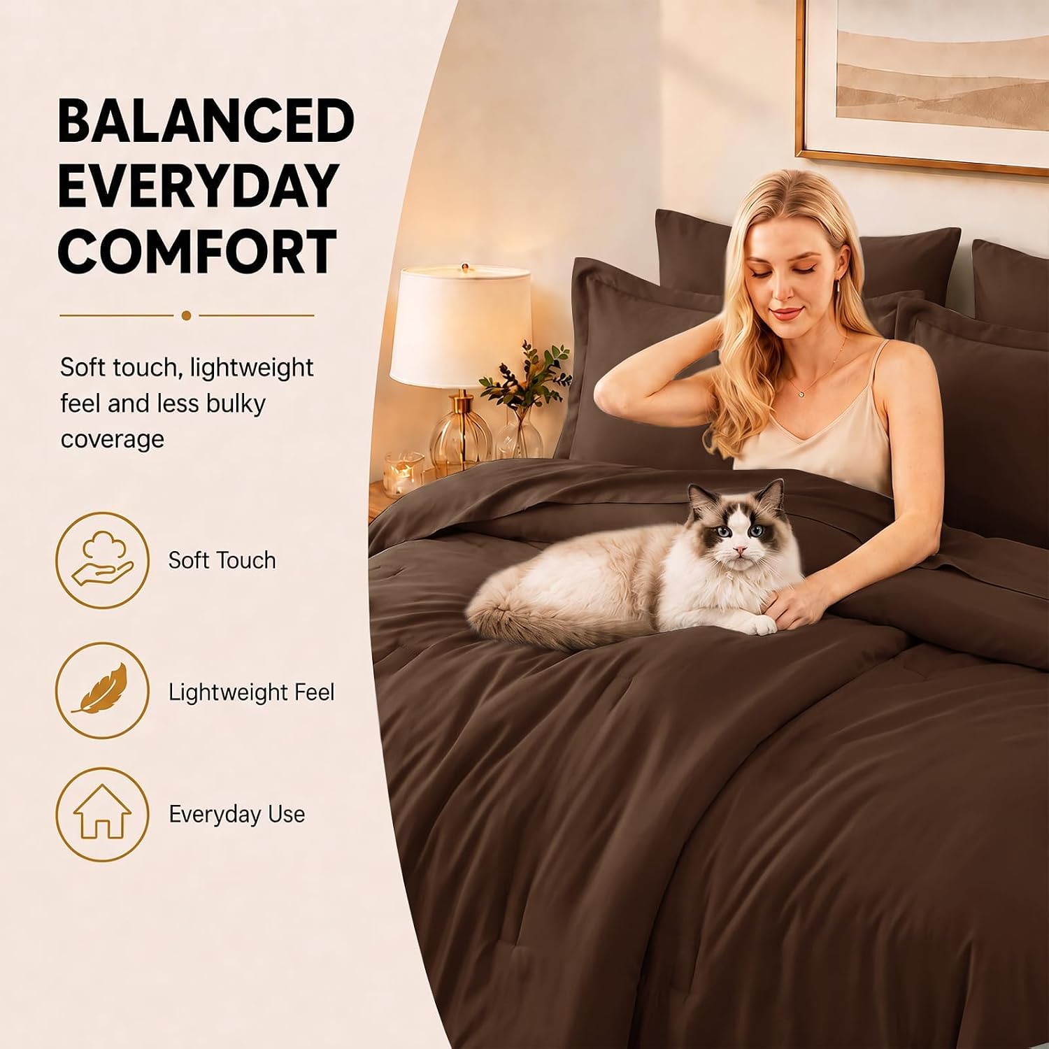 Detalle 2 de CozyLux Queen Comforter Set, 7-Piece Brown Bed-in-a-Bag, 240 GSM Microfiber