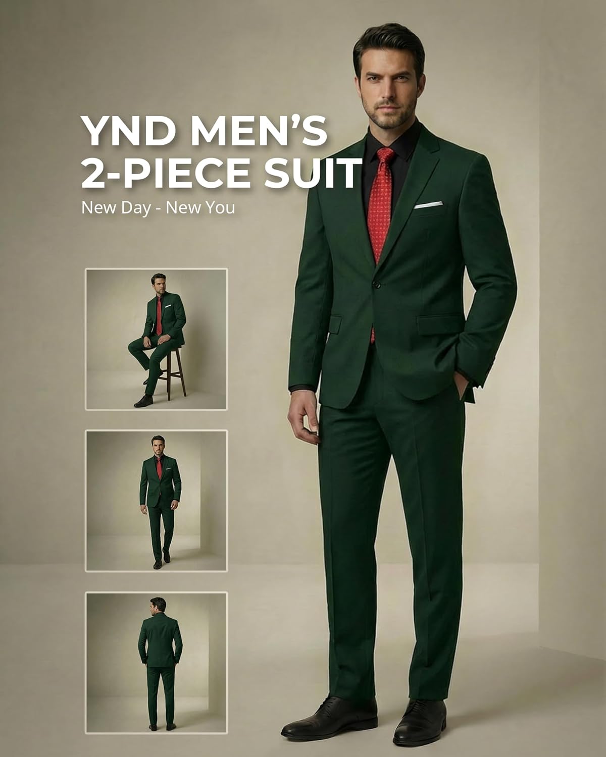 Thumbnail 1 de YND Men's 2 Piece Suit with Tie – Slim Fit One-Button Jacket and Pants Set