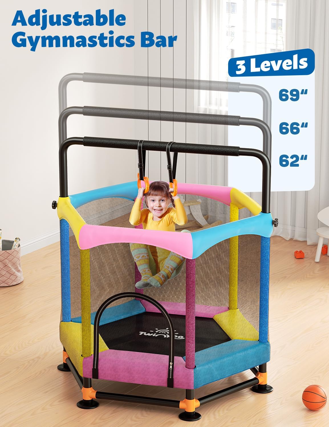 Thumbnail 5 de Twinkoo 60-Inch Trampoline for Kids with Safety Enclosure, Adjustable Gymnastics Bars, and Basketball Hoop