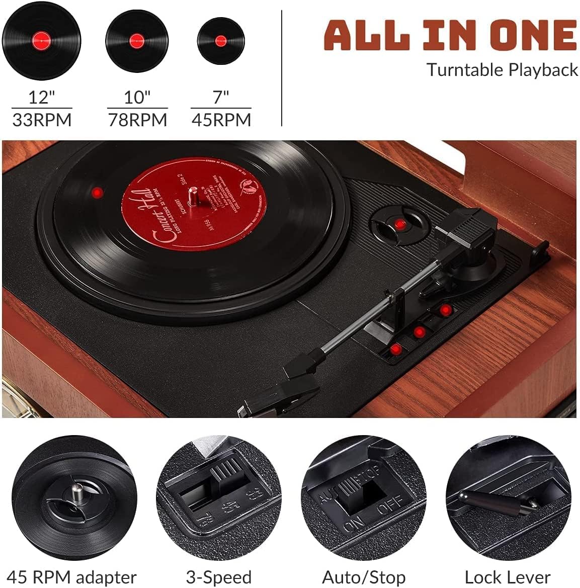 Detalle de ORCC TT-168-REC 10-in-1 platenspeler met Bluetooth, cd, cassette en radio
