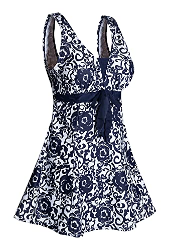 Detalle de Ecupper Maillot de Bain une pièce rétro avec jupe volantes et contrôle du ventre – Bleu marine, XL