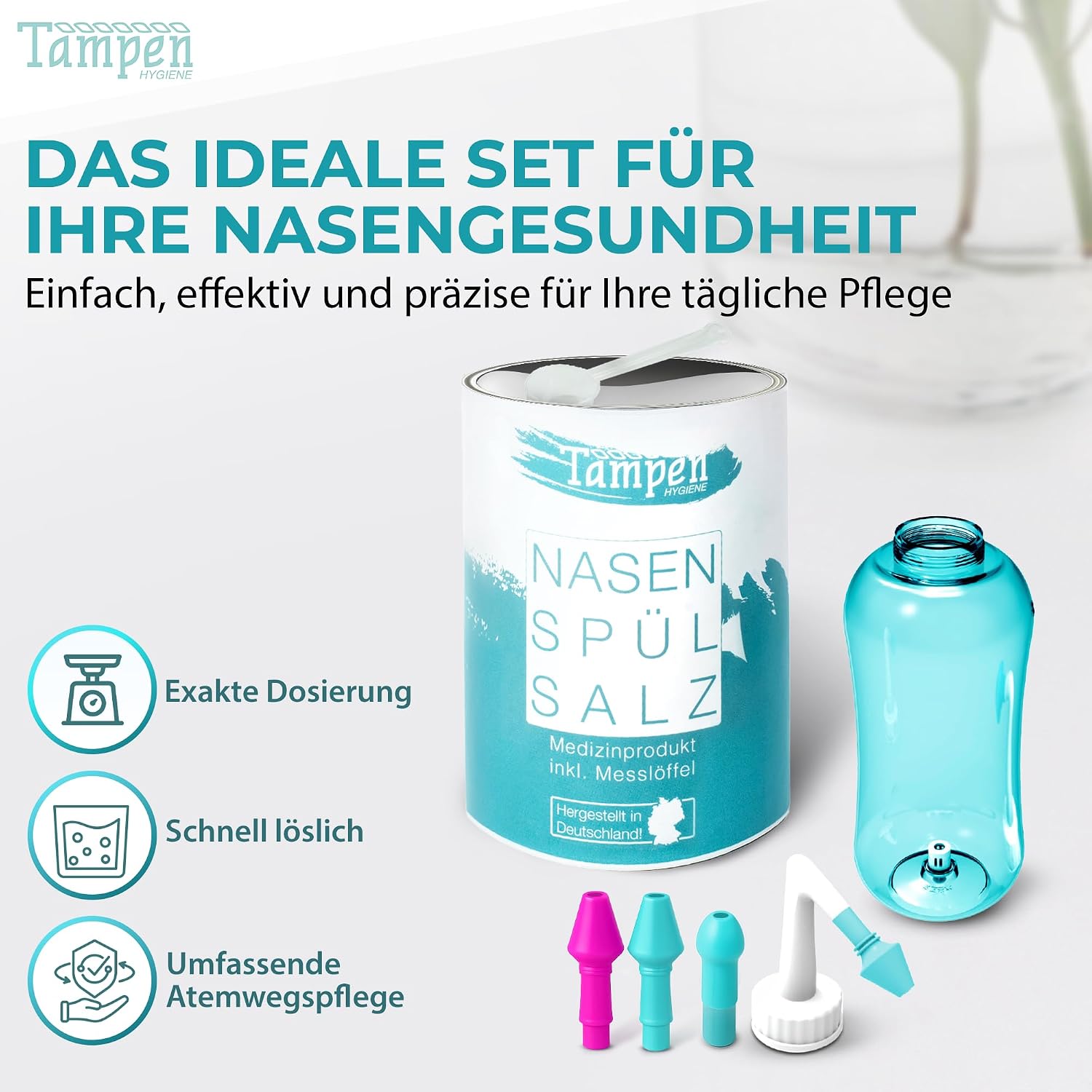 Detalle de Tampen Nasendusche: Großes Set für Erwachsene und Kinder inkl. 120 Nasenspülsalz, Messlöffel und 3 Aufsätze