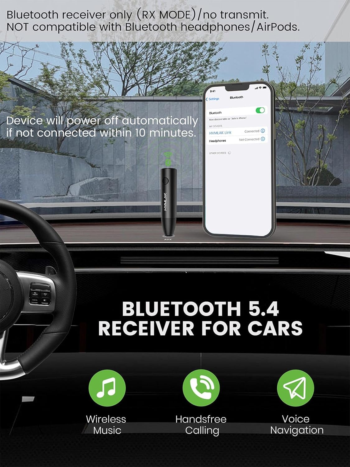 Detalle 2 de HVMLAK Aux Bluetooth Adapter Auto – Bluetooth 5.4, Klinke 3,5, Mikrofon & CD-Klangqualität