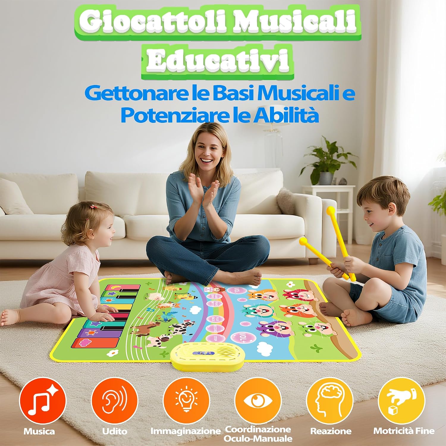 Detalle de MOMUSE Tappeto Musicale con Gioco Colpisci la Talpa 3 in 1 – Tappeto Pianoforte per Bambini 1–5 anni