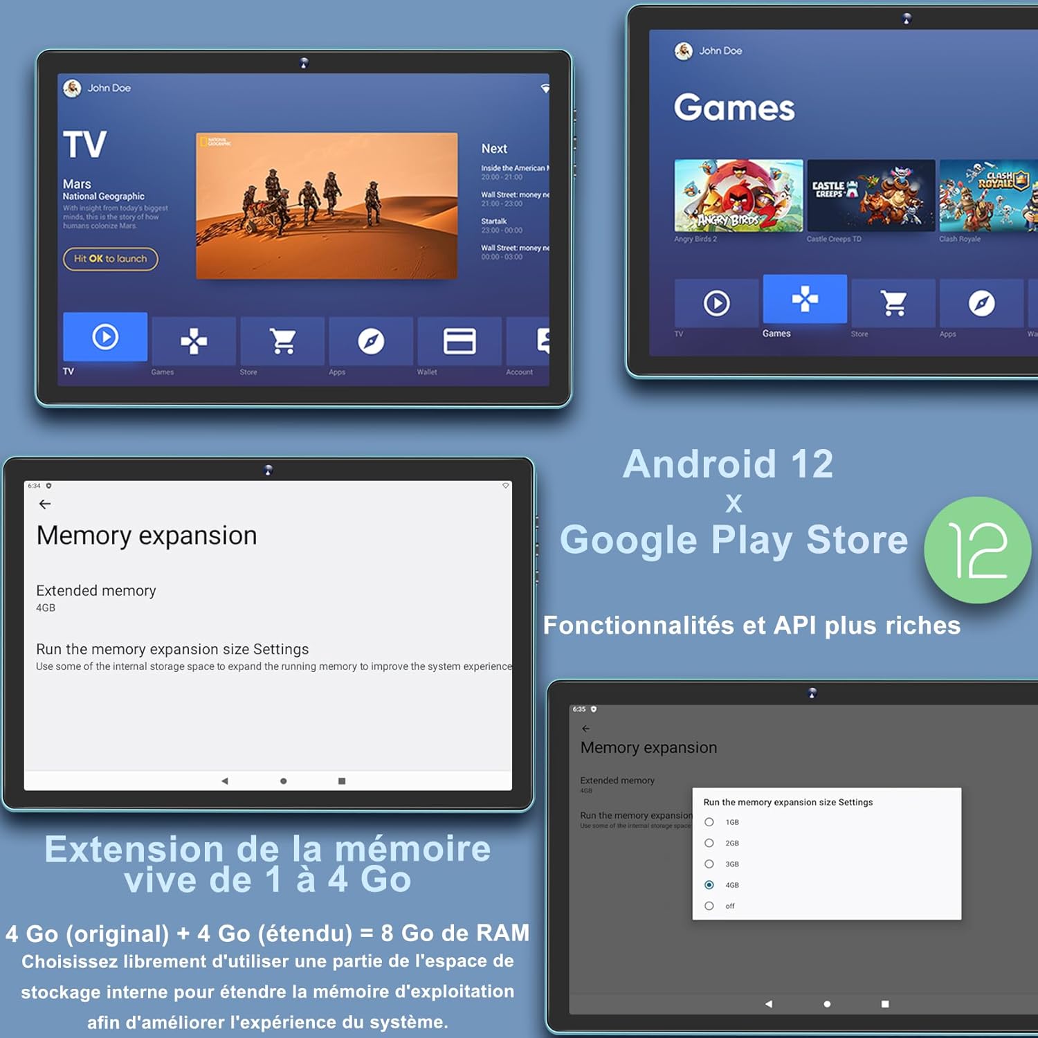 Thumbnail 3 de DMOAO Tablette 10 Pouces: Android 12, 4 Go RAM (extensible jusqu’à 8) – 64 Go ROM, microSD jusqu’à 1 To, 5G Wi‑Fi, Bluetooth 5.0, 430 g