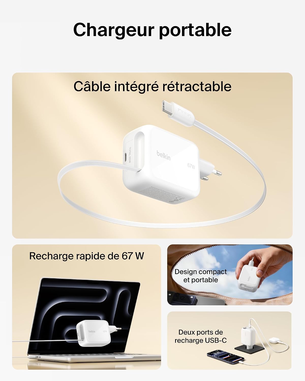 Detalle de Belkin Chargeur USB-C GaN 67 W avec câble rétractable 1 m – PD PPS et charge simultanée