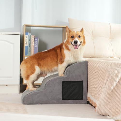 Detalle de YunNasi escalera para perros de 3 etapas con rampa para mascotas (3 pasos, gris) con funda lavable