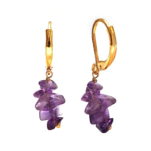 Detalle 2 de Gempires Amethyst Chip Leverback Hoop Earrings – 14K Yellow Gold Plated Handmade Gemstone Hoops