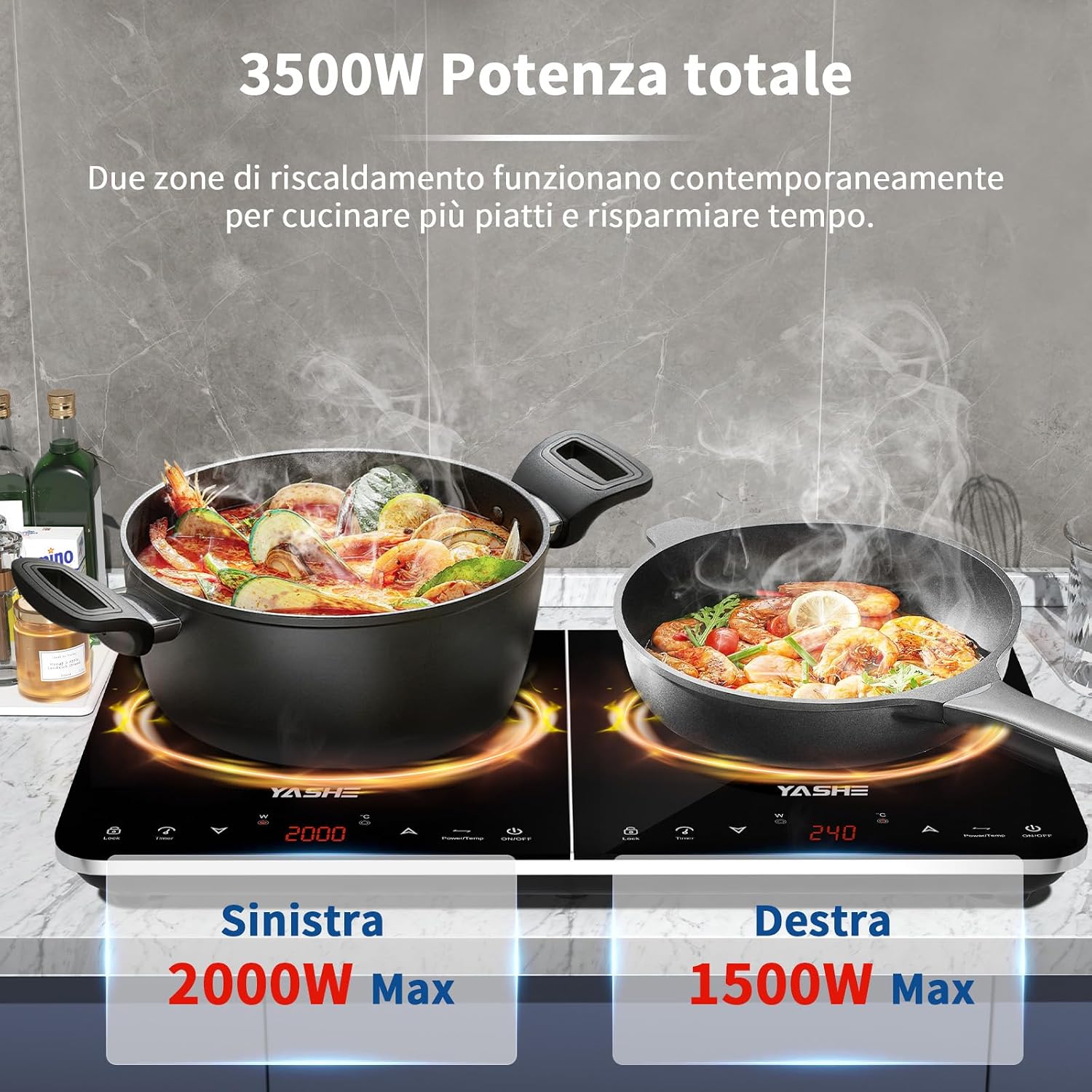 Detalle de YASHE Piastra a Induzione Doppia 3500W: due zone indipendenti, controllo touch e display LED