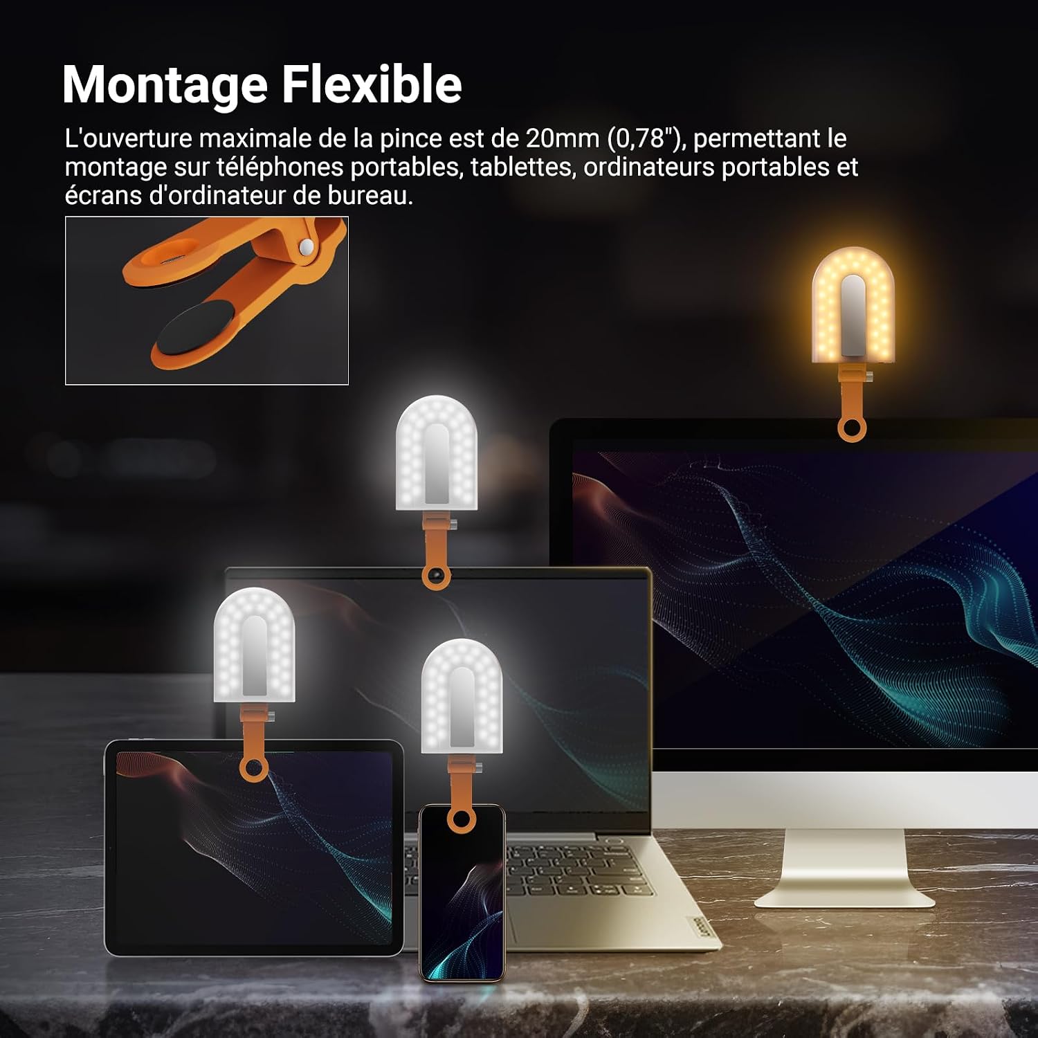 Detalle 2 de NEEWER GM66 : lampe selfie à pince 68 LED bicolore (2900–7000K) pour iPhone et vlogs
