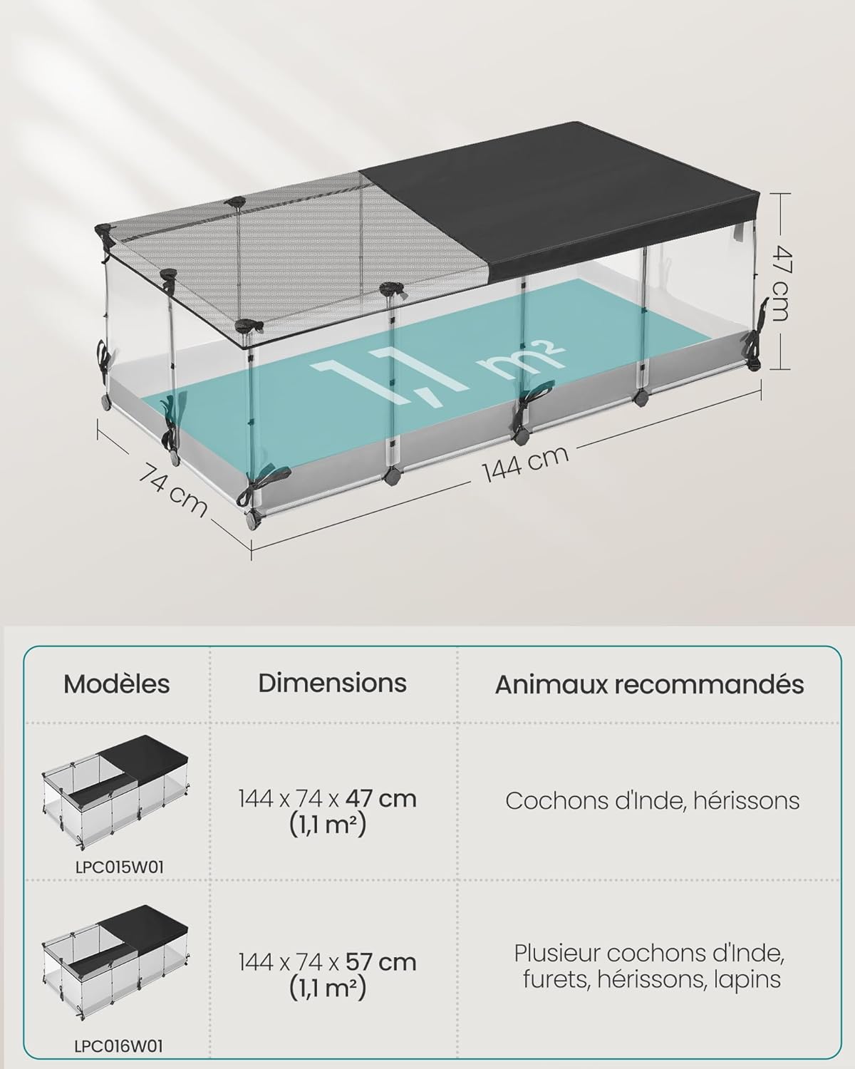 Detalle 2 de SONGMICS Parc Enclos pour Petits Animaux — Enclos modulable 144 x 74 x 47 cm, Blanc Nuage LPC015W01