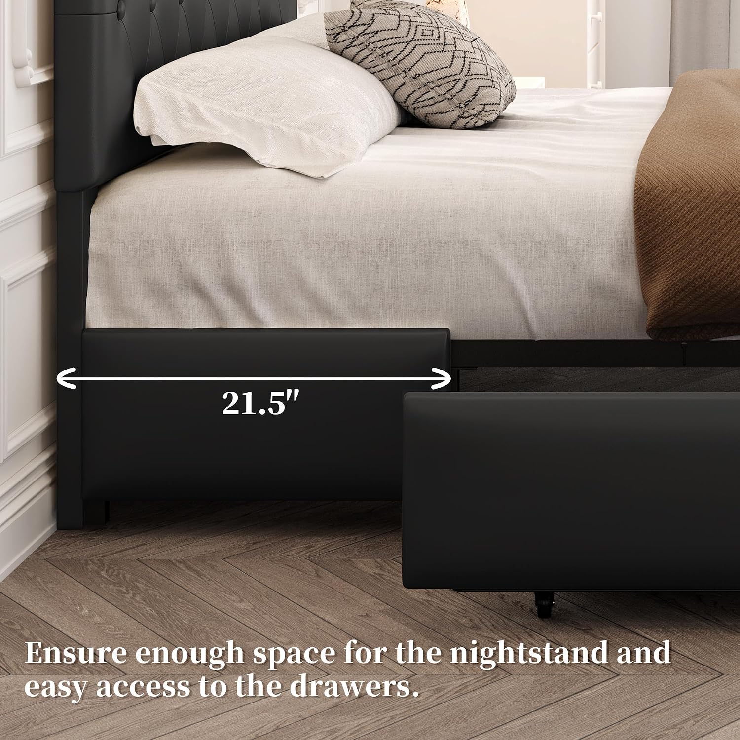 Detalle de Yaheetech Queen Bed Frame with 3 Drawers and Adjustable Headboard, Black