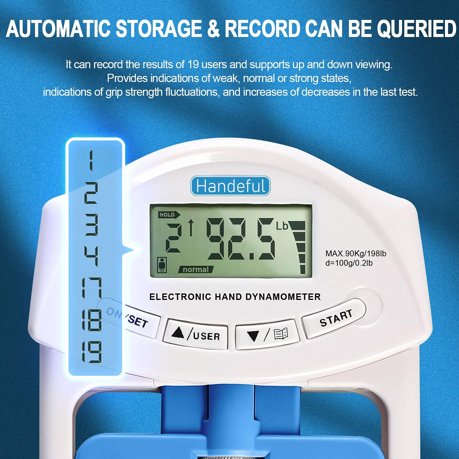 Detalle 2 de Handeful HFEH11WBAA Digital Grip Strength Dynamometer, 198 lb, 0.2 lb Precision
