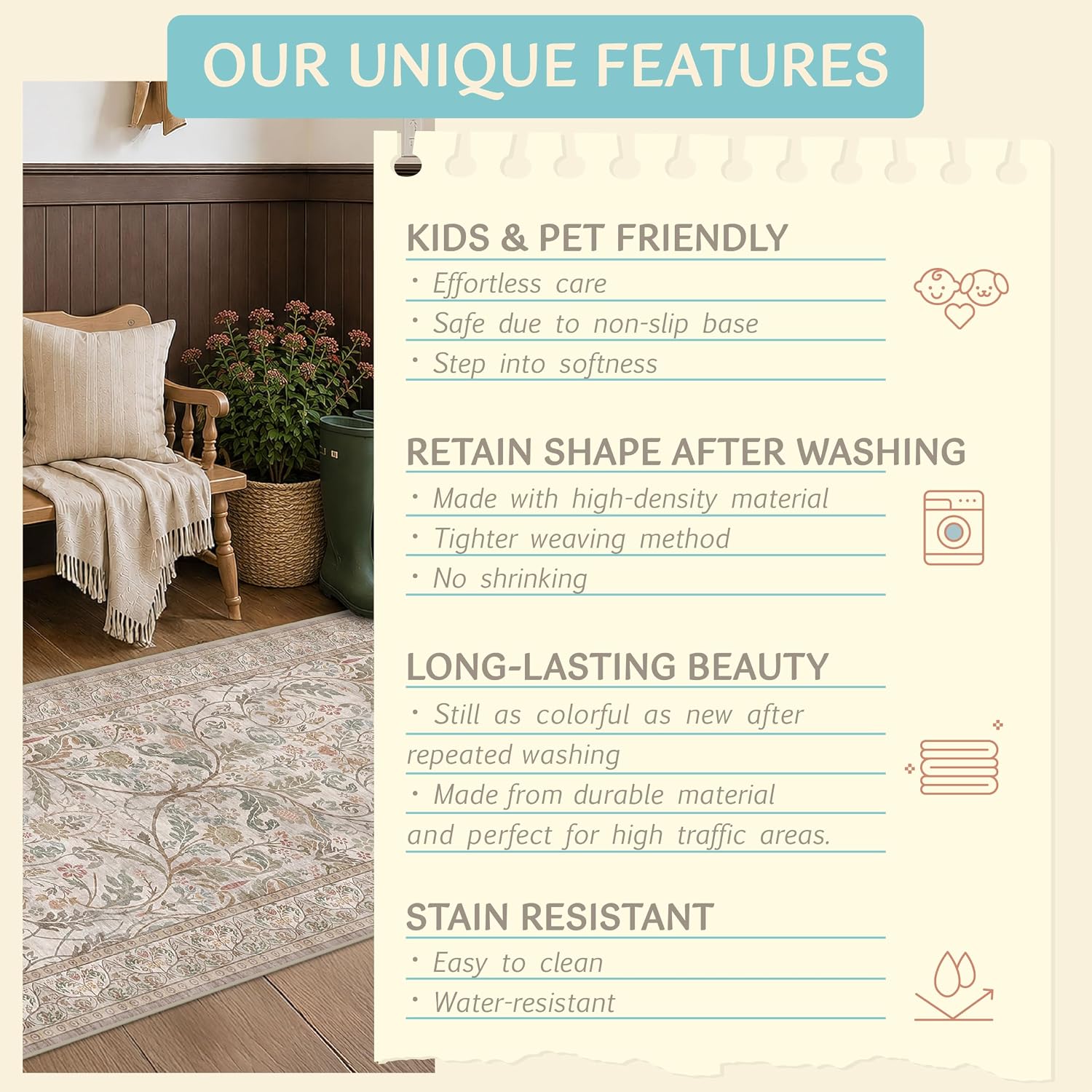 Thumbnail 6 de Evyhood EVY 001 Moss 8' x 10' Floral Washable Low-Pile Area Rug