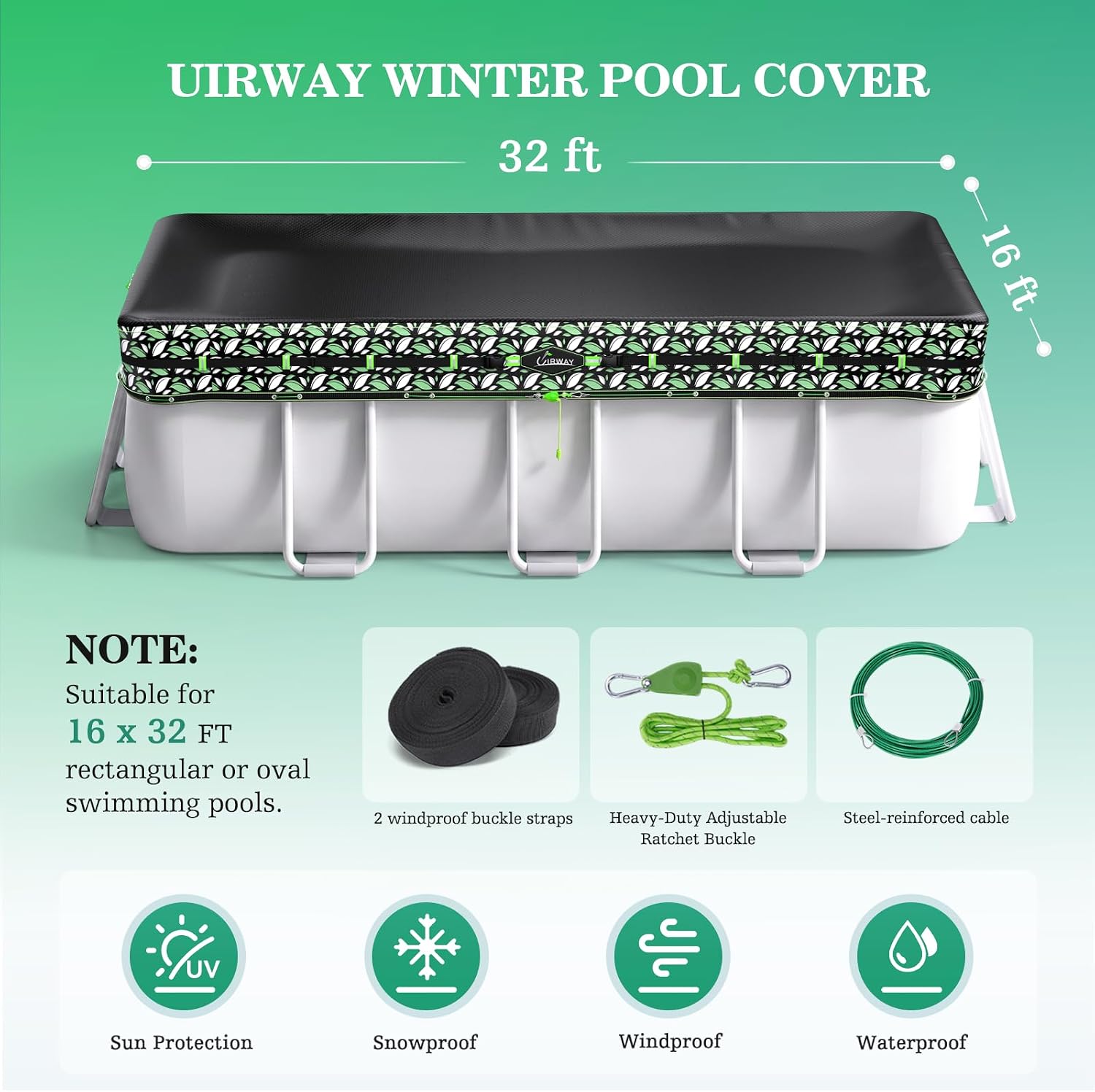Detalle de UIRWAY 16x32FT Rectangle Above-Ground Pool Cover, 200 GSM HDPE, UV Resistant