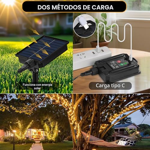 Detalle de Tacobey 2 Pack Guirnalda Luces Exterior Solar con Carga USB, 200 LED, 8 Modos, IP65 y 20 m de extensión