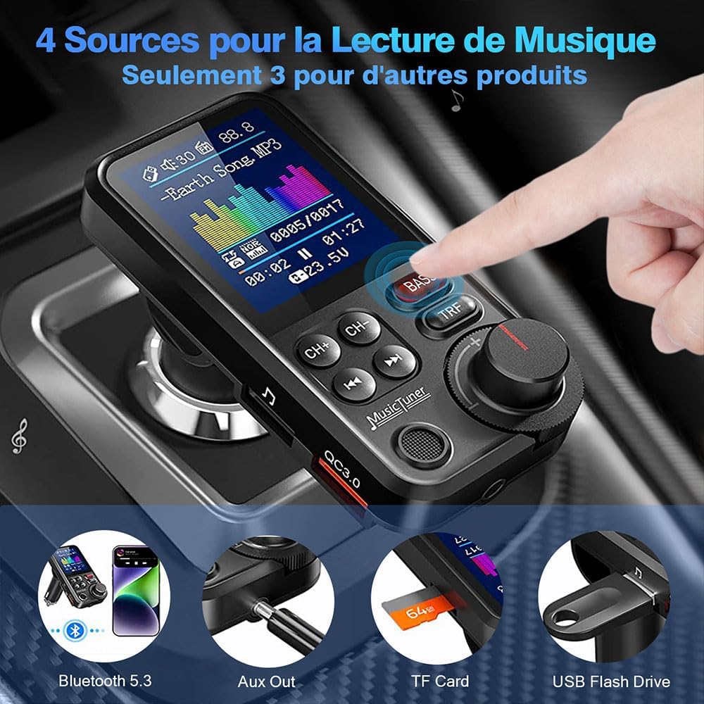 Detalle de GizmoVine Transmetteur Bluetooth Voiture – Allume-cigare, USB QC3.0 et Écran couleur 4,5 cm