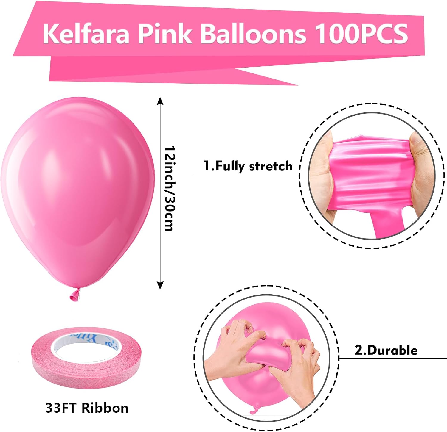 Detalle de Kelfara Pink Party Balloons (100 pcs, 12 inch latex) with pink ribbon for birthdays, weddings & graduations