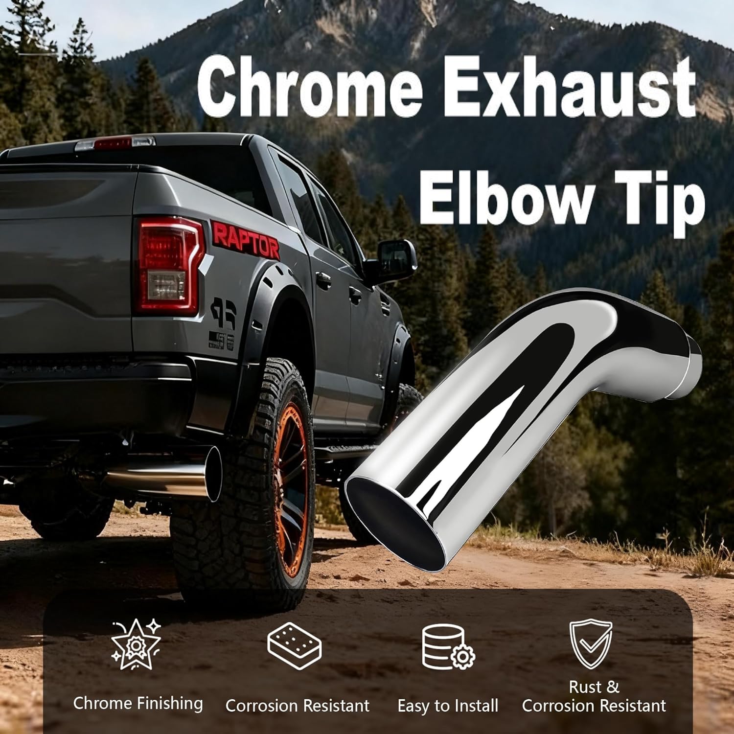 Thumbnail 1 de Universal 5" to 6" Exhaust Elbow Pipe with Steel Clamp — Silver Chrome or Black Painted