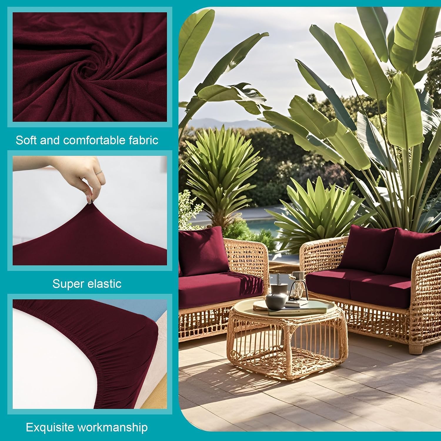 Detalle de BIETYONE outdoor Outdoor Cushion Covers, 12-Piece Wine Red Stretch Set