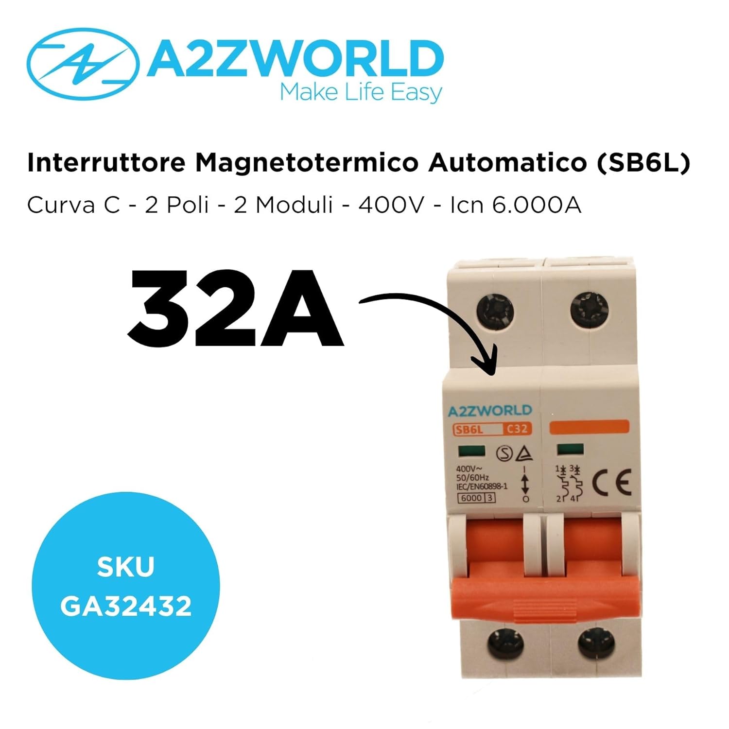 Detalle 2 de Interruttore Magnetotermico SB6L 32A C32 2P 6kA, 220V AC, 2 Moduli DIN, IP20