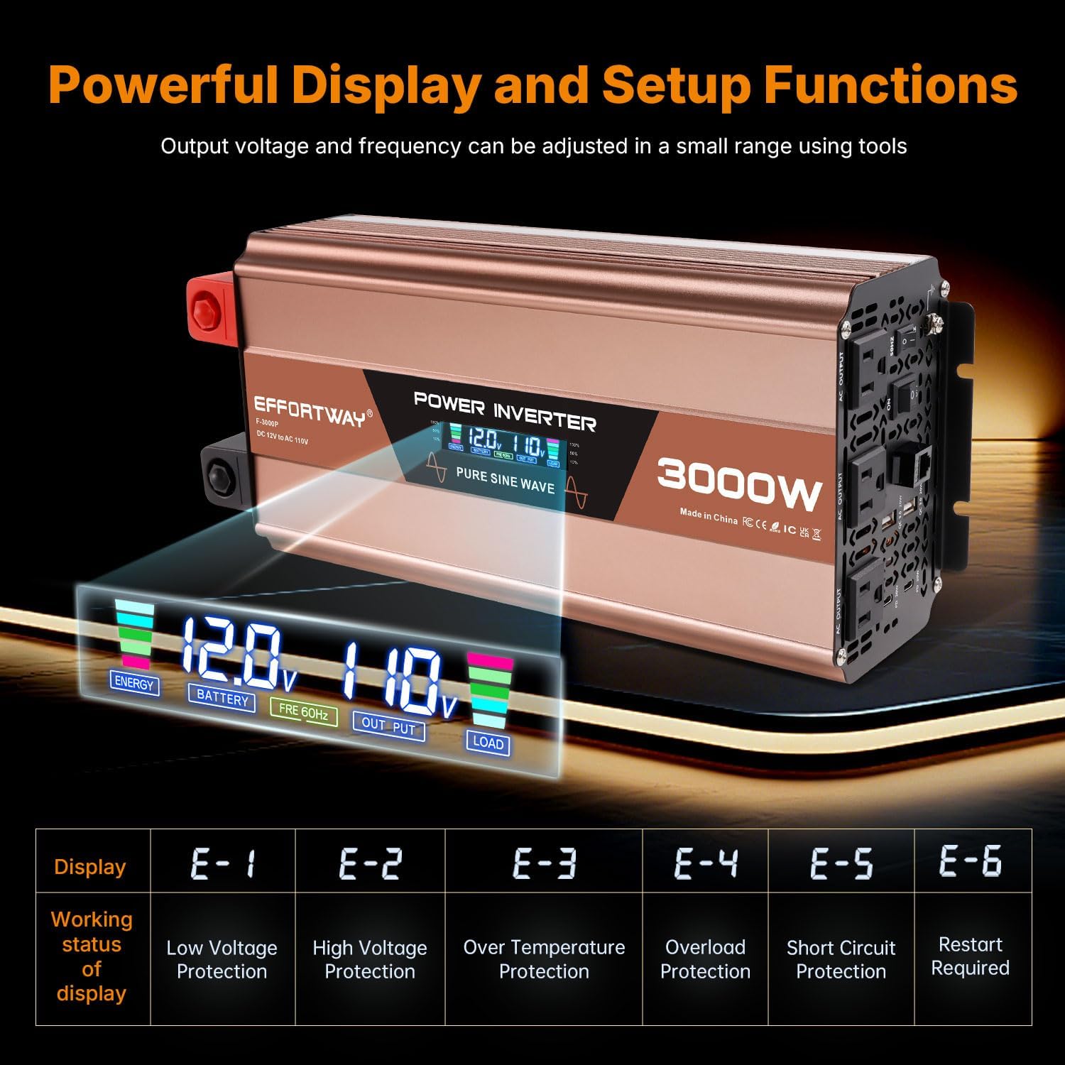 Detalle 1 de EFFORTWAY F-3000P 3000W Pure Sine Wave Inverter, 12V DC to 110–120V AC