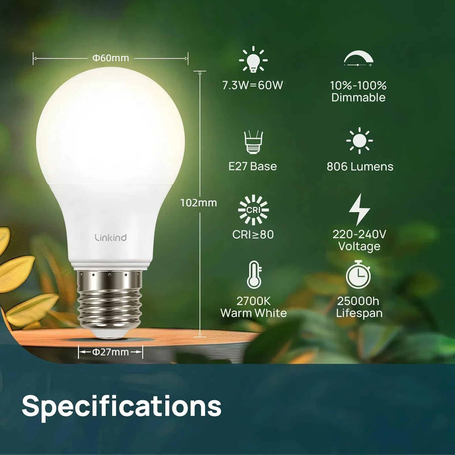 Thumbnail 1 de Linkind Dimmable E27 LED Screw Bulb 7.3W (60W) A60 Edison Screw, Warm White 2700K, 806lm – Pack of 3