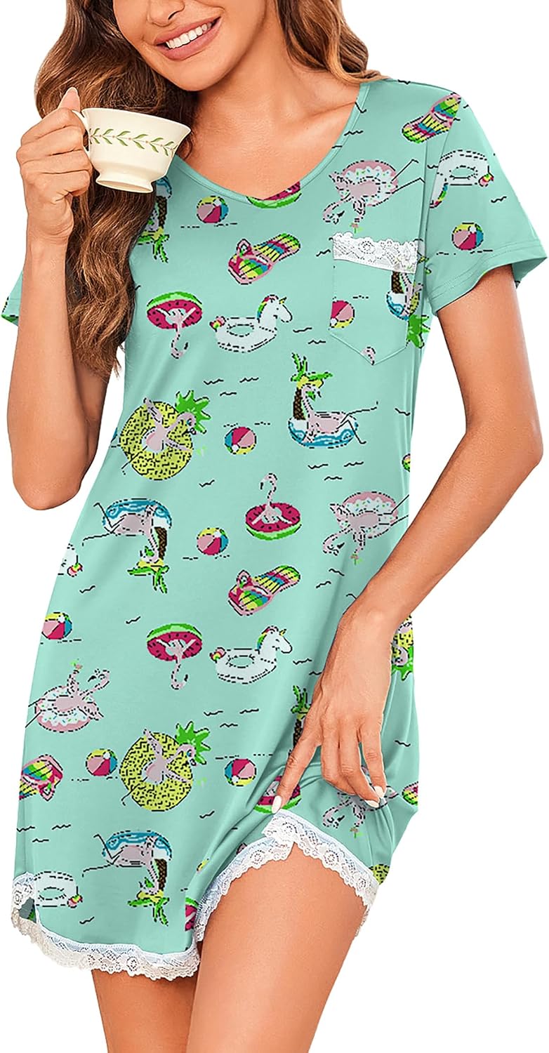 Thumbnail 6 de Ekouaer Women's Nightgown, Short-Sleeve V-Neck Sleepshirt with Lace Trim
