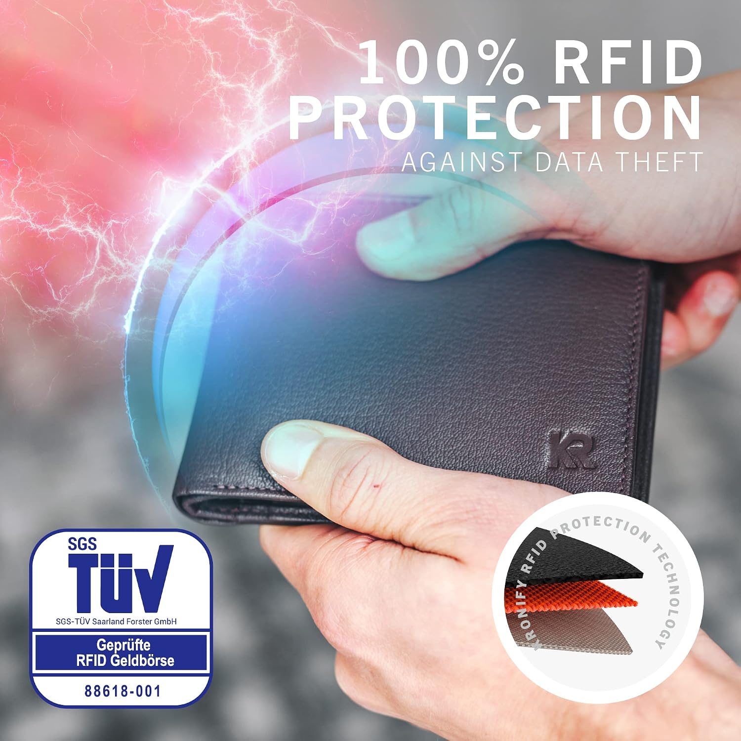 Detalle de KRONIFY Portafoglio da uomo in vera pelle marrone scuro naturale con protezione RFID, formato orizzontale e 13 scomparti carte