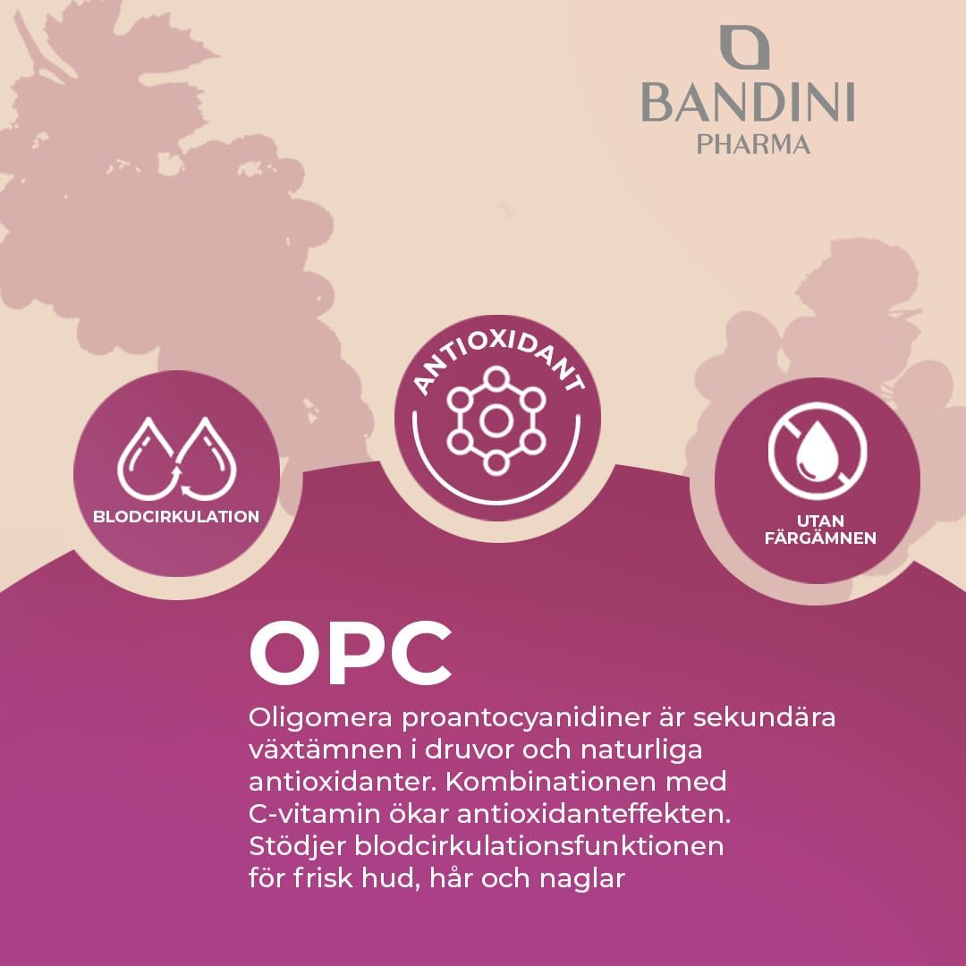 Thumbnail 5 de BANDINI OPC Supplement 95 % druvkärneextrakt med C-vitamin, 200 kapslar