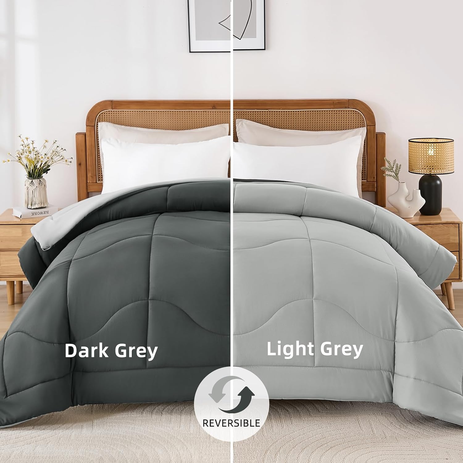 Detalle de Guchuang Bedding Coverless Double Duvet – 10.5 Tog Reversible Light/Dark Grey Down Alternative