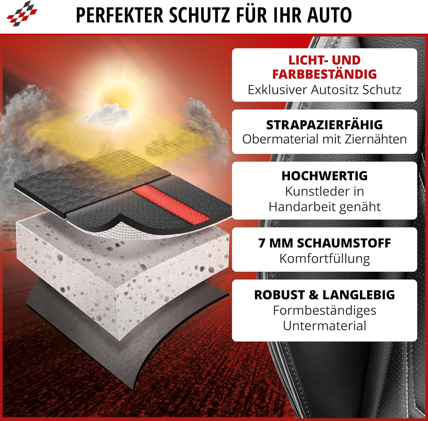 Detalle de Walser Premium Sitzauflage Auto Kimi – Sitzschoner Vordersitze schwarz/rot im Rennsport-Design