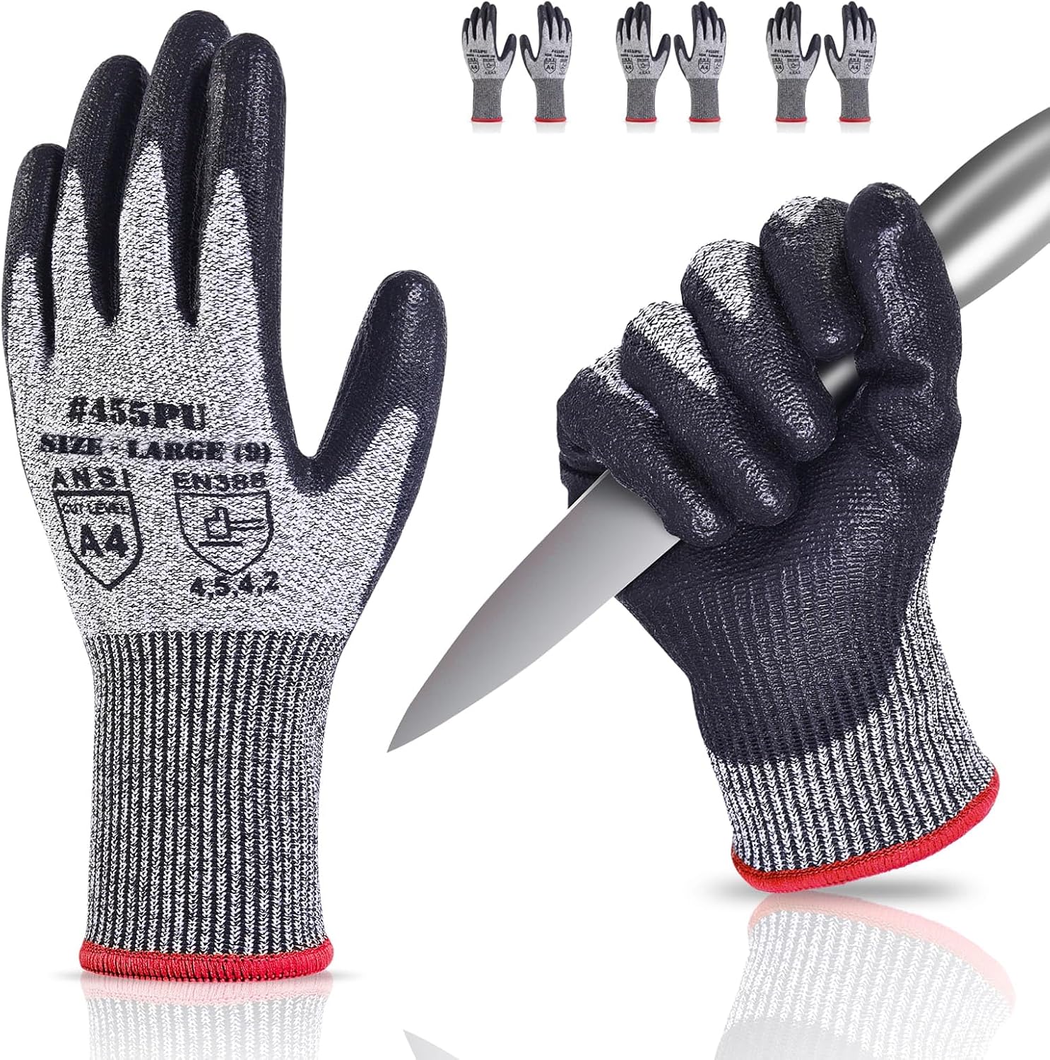 Detalle de Donfri Cut Resistant Gloves Level 5 (PU palm) – comfortable ANSI A4 / EN388 work gloves for precision tasks