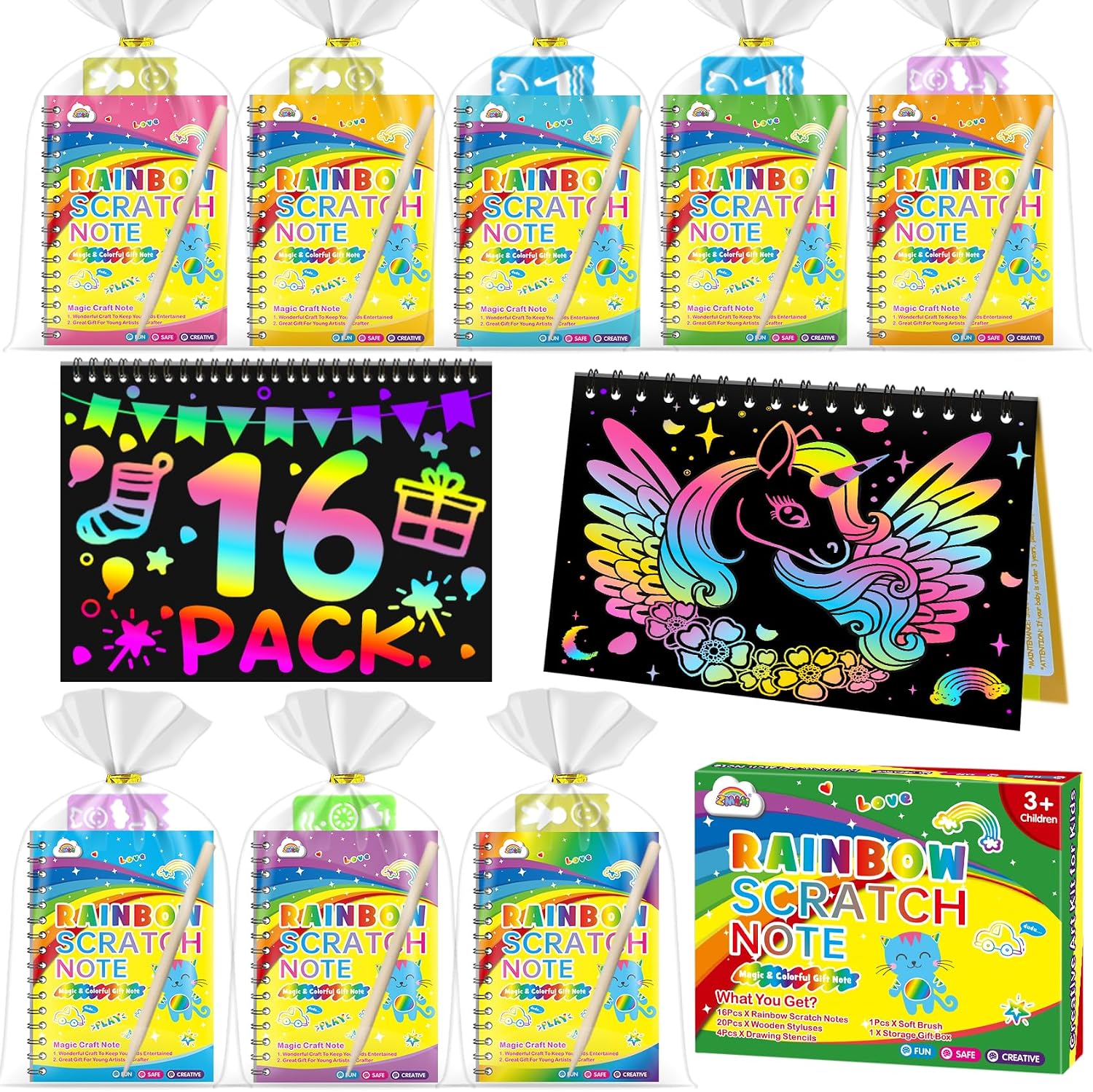 Detalle de ZMLM Scratch Art: 16 Rainbow Scratch Books Set with Stencils & Wooden Styluses for Kids 4–9