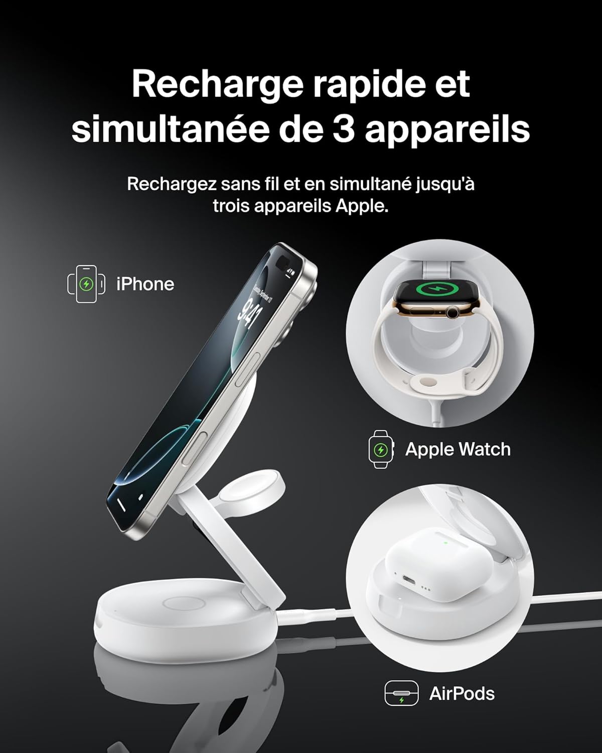 Thumbnail 1 de Belkin BoostCharge Station 3-en-1 Qi2 MagSafe 15 W