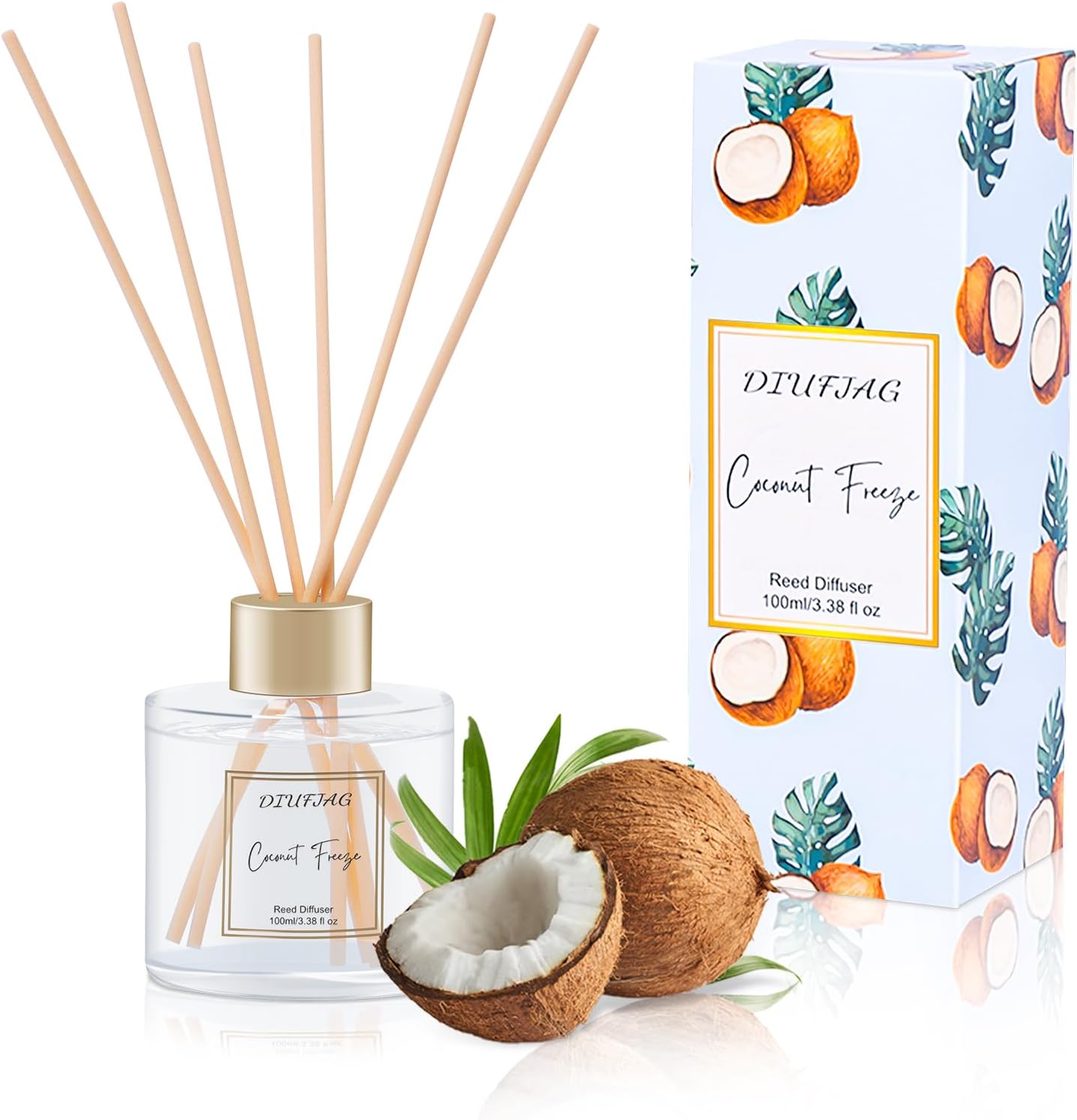 Detalle de DIUFJAG doftspridare med pinnar, 100 ml kokosdoft och 6 fiberpinnar