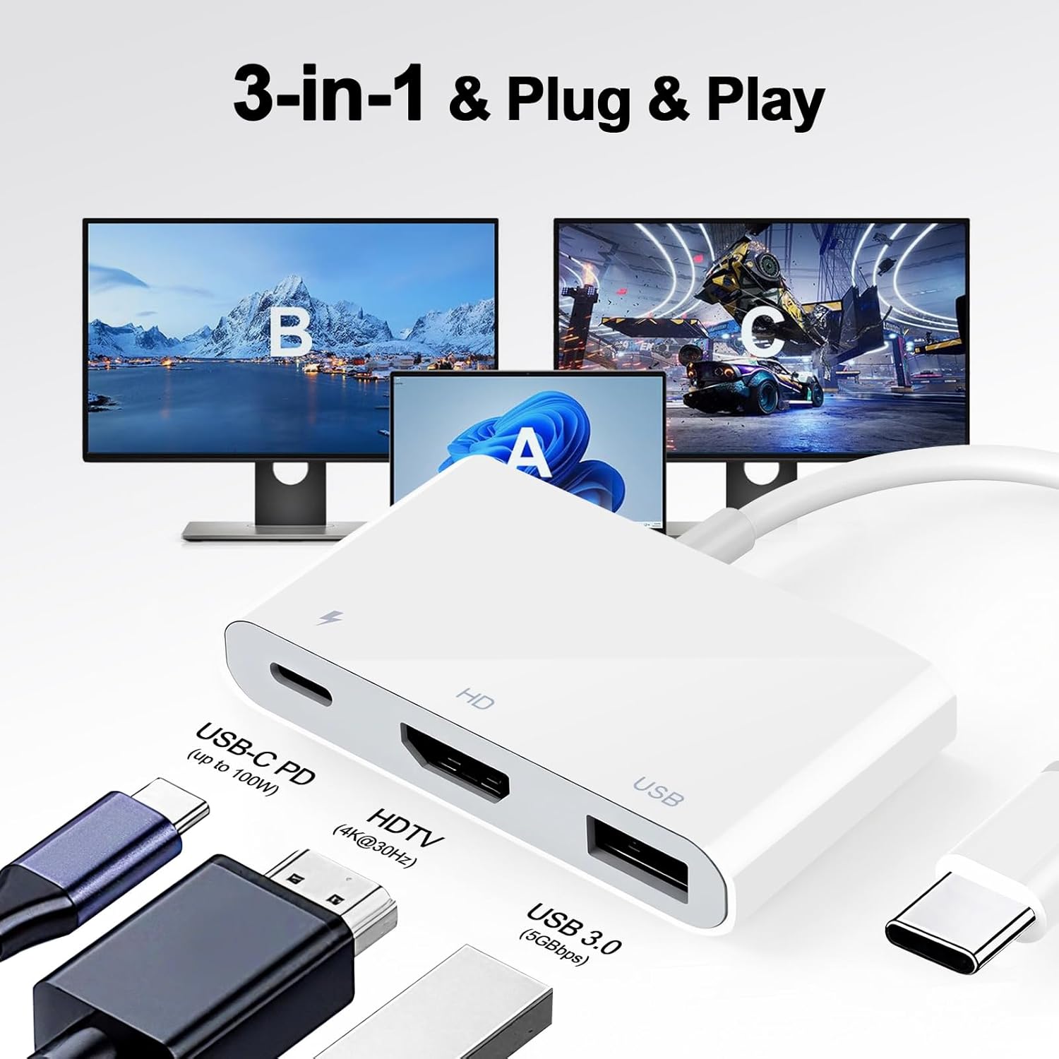 Thumbnail 4 de APKLVSR MFi-zertifizierter USB-C HDMI Adapter 3-in-1 (4K HDMI, 100-W PD, USB 3.0 Hub) – Plug & Play