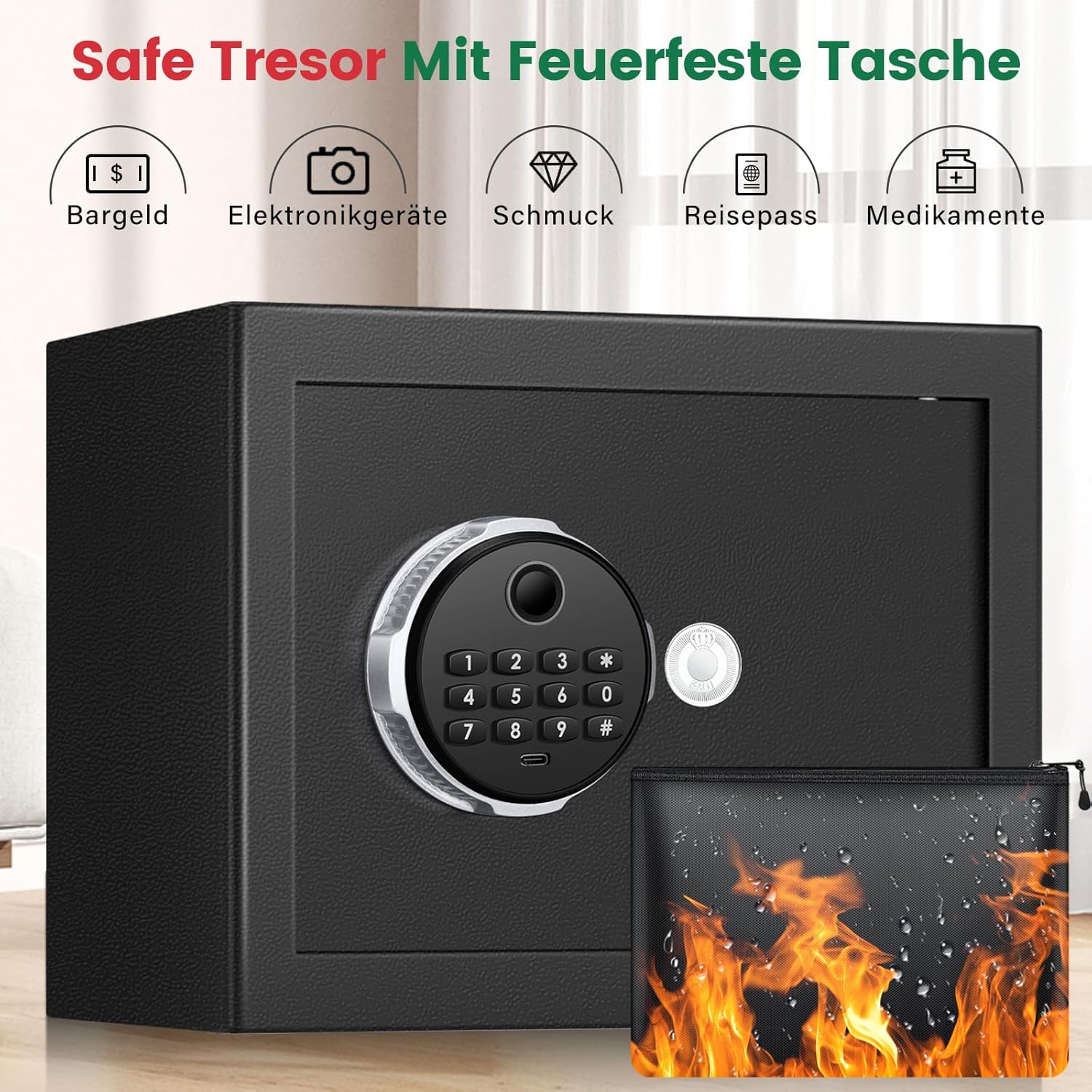 Detalle de Tiskgg Fingerabdruck Tresor für Zuhause (22L) mit feuerfester Tasche, Regal und dualem Alarmmodus