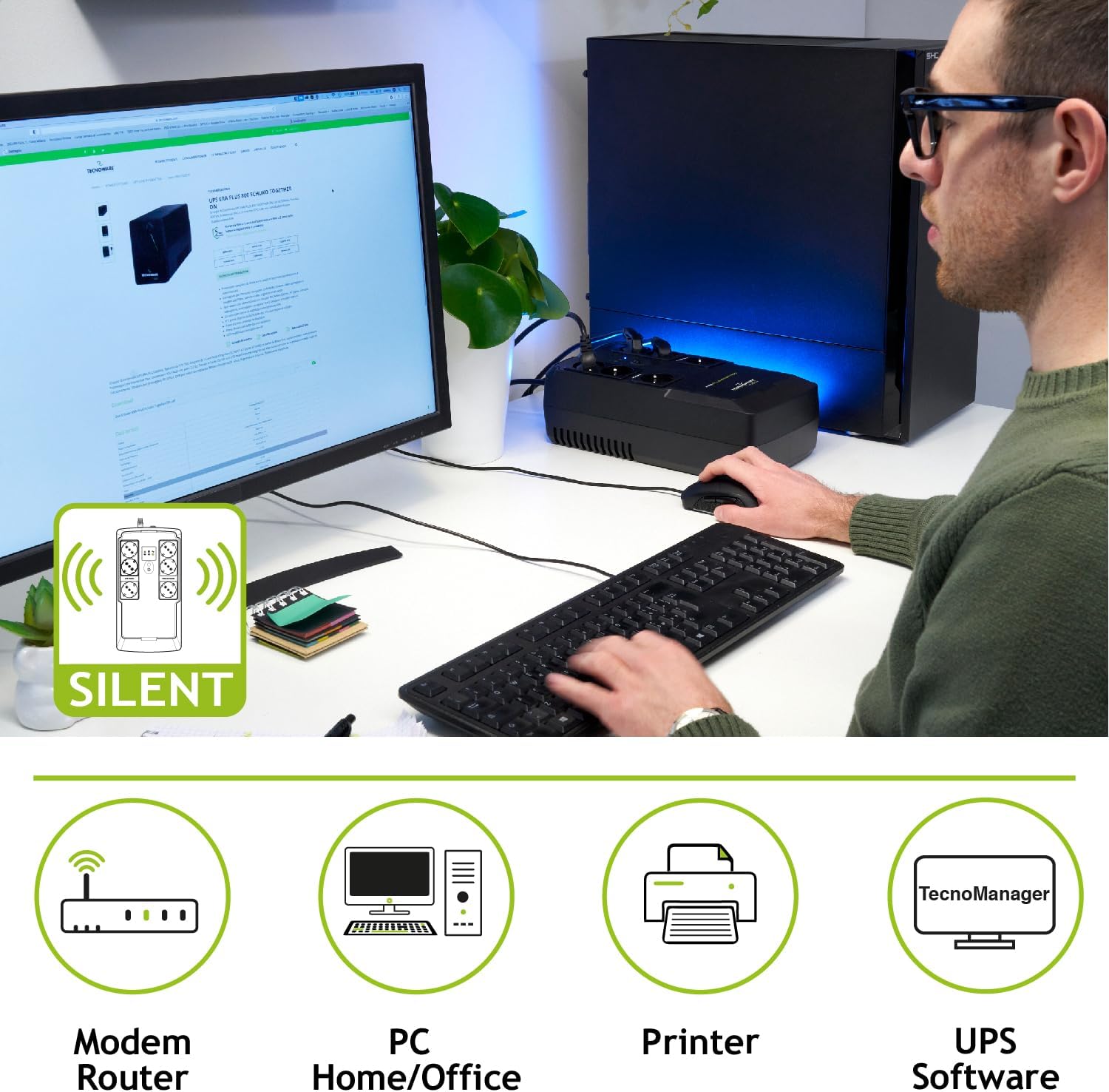 Detalle de Tecnoware Power Systems UPS ERA PLUS STRIP 800VA: gruppo di continuità con 6 Schuko per PC, modem e videosorveglianza