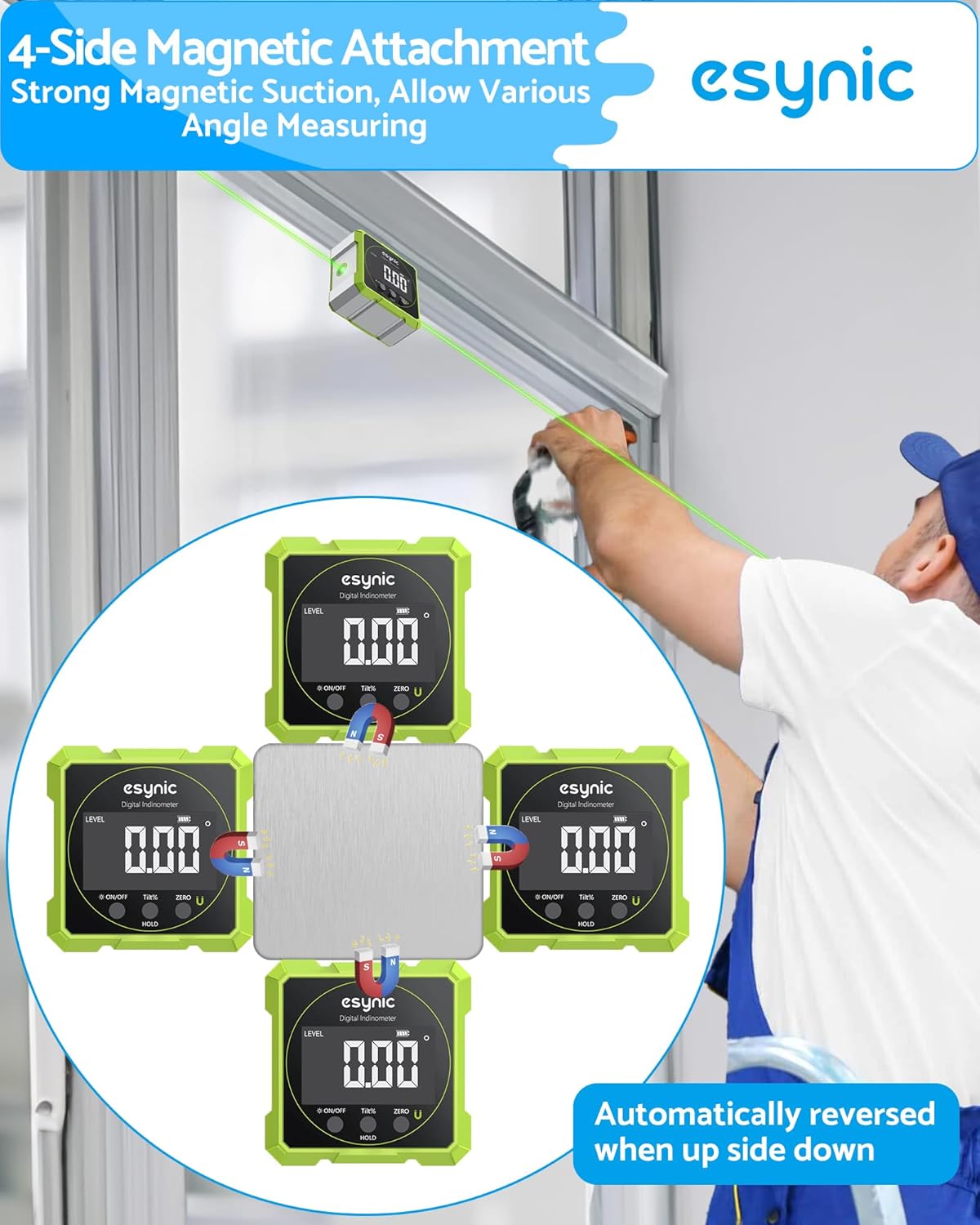 Detalle de eSynic Digital Angle Finder with Green Laser – 4-Sided Magnetic Inclinometer