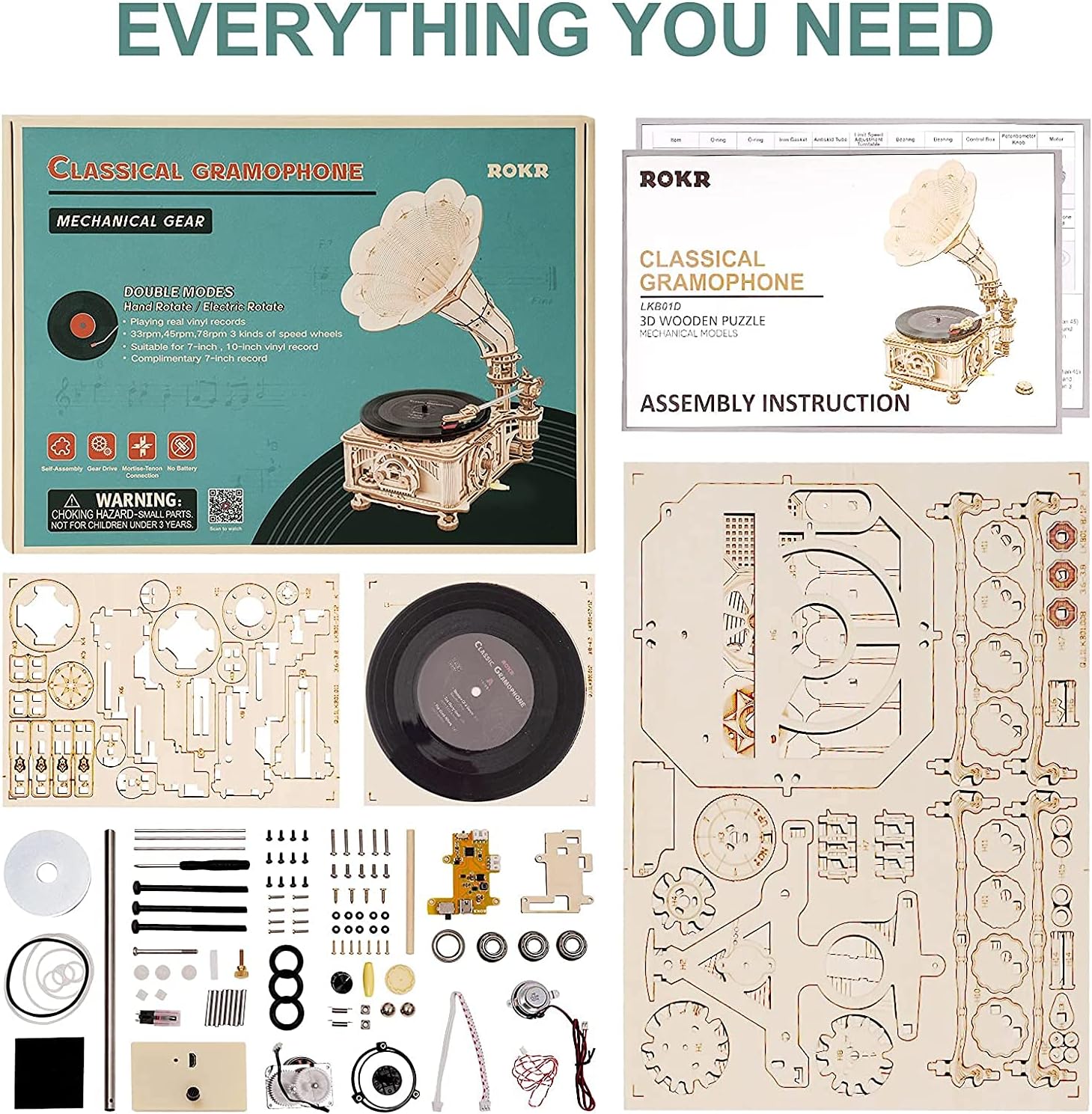 Detalle de ROKR Puzzle 3D in legno LKB01D – grammofono classico da costruire con modalità automatica e manuale