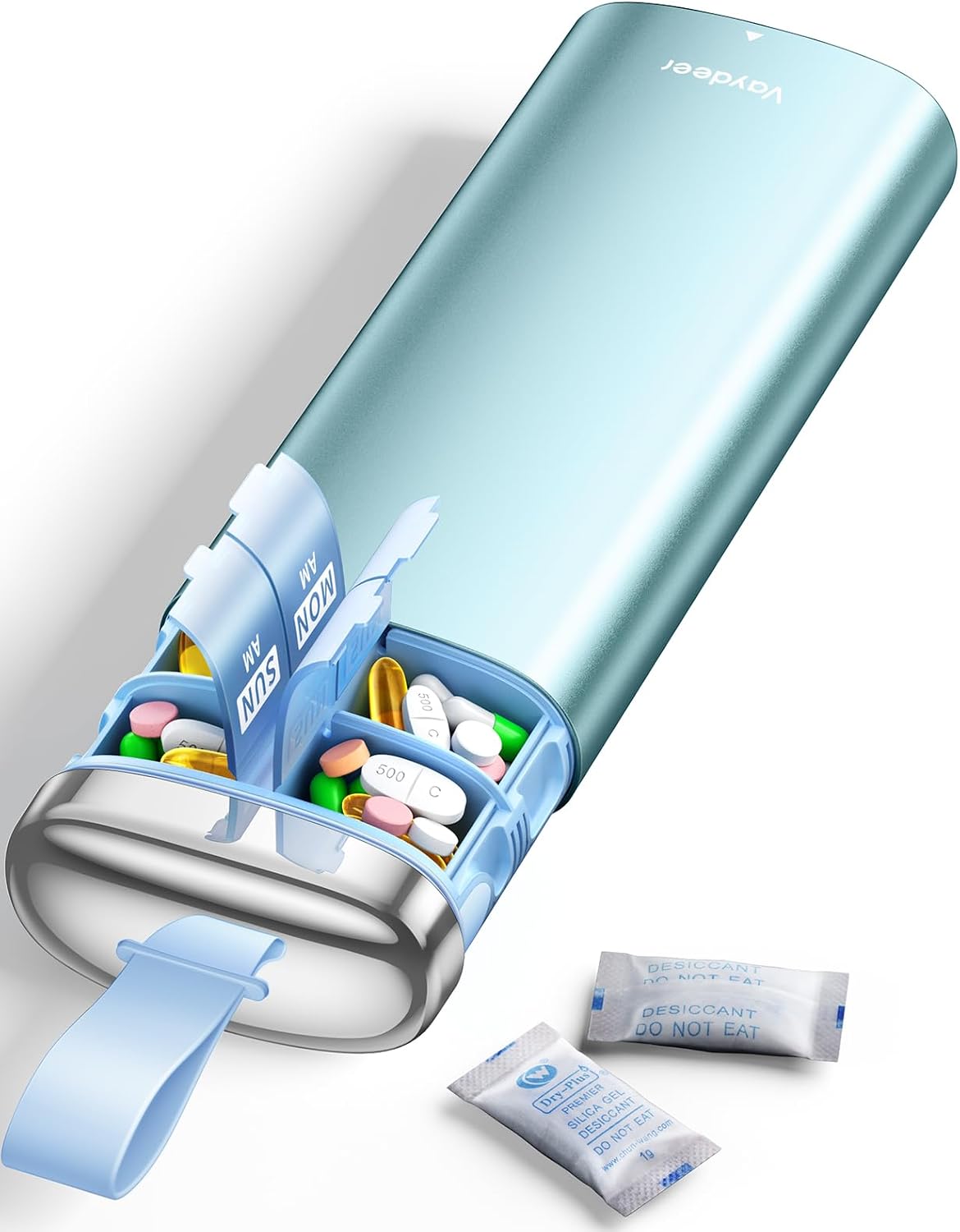 Detalle de Vaydeer 7-Day AM/PM Metal Pill Organizer with Desiccant and Carry Handle