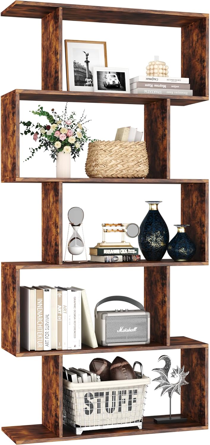 Detalle de Yusong S-Shaped 5-Tier Bookshelf, Rustic Brown Geometric Display Shelf