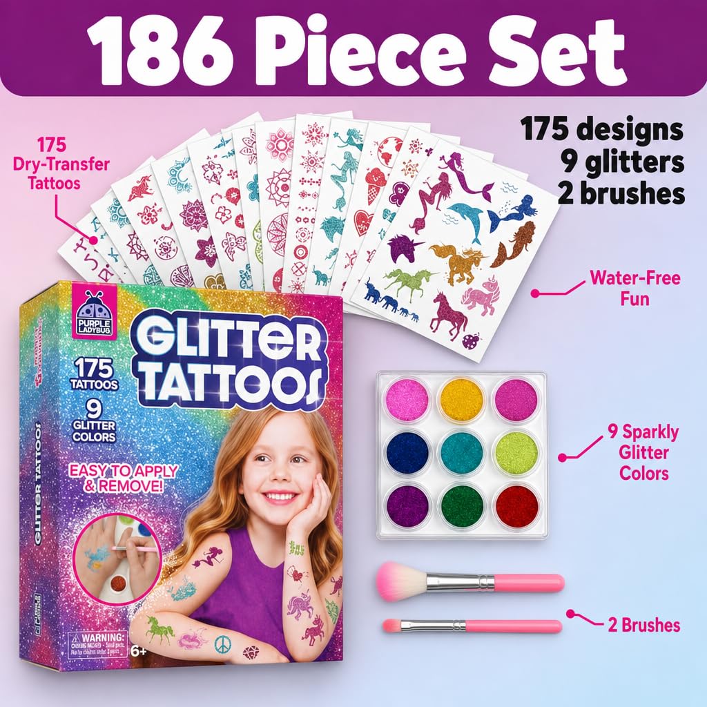 Detalle de Purple Ladybug 175-Piece Temporary Glitter Tattoos Kit for Kids (Ages 6–12)