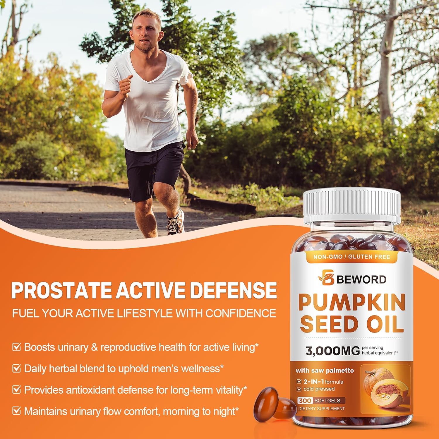 Detalle 2 de BEWORD Pumpkin Seed Oil- 600 Softgels with Saw Palmetto, Cold-Pressed